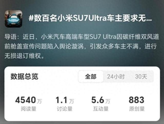 小米SU7 Ultra陷争议数百名准车主要求无损退车